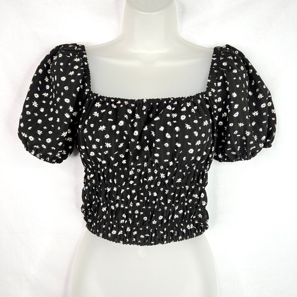 Elodie Black Puff Sleeve Peasant Crop Top S